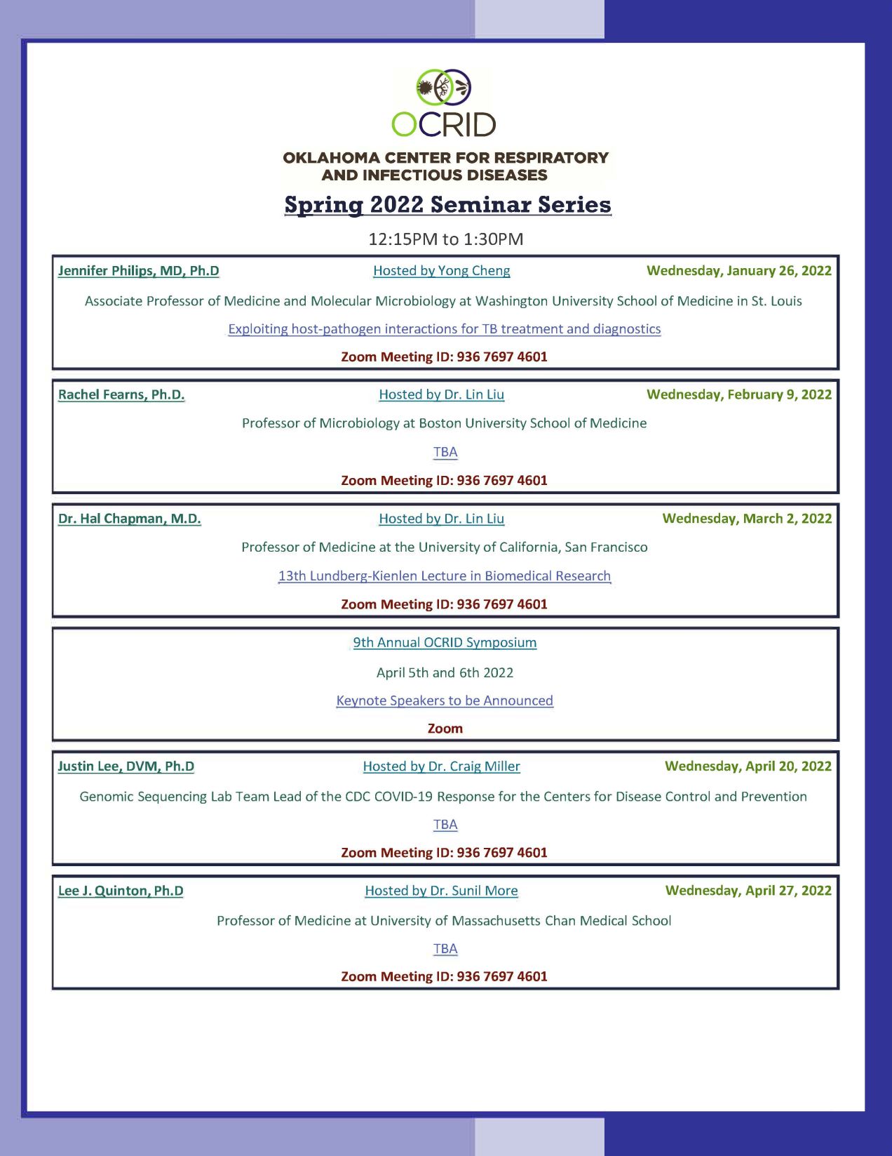 Spring 2022 OCRID Seminar Schedule Spring 2022 OCRID Seminar Schedule